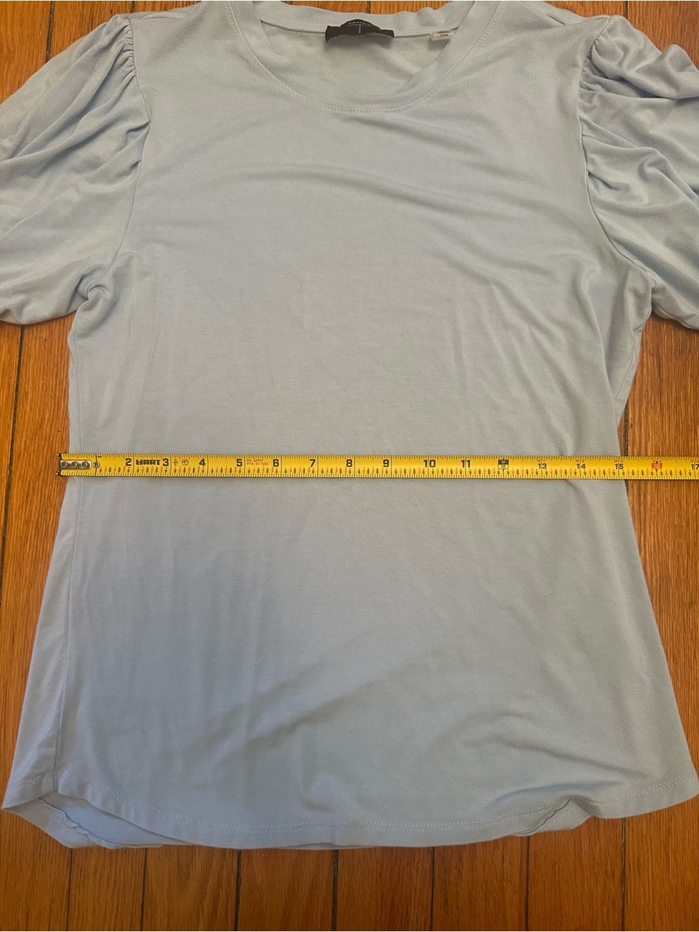 Tahari Light Blue Puff Sleeve Knit Top Size SP  Feminine Stretch Tee 1092 - Picture 6 of 9